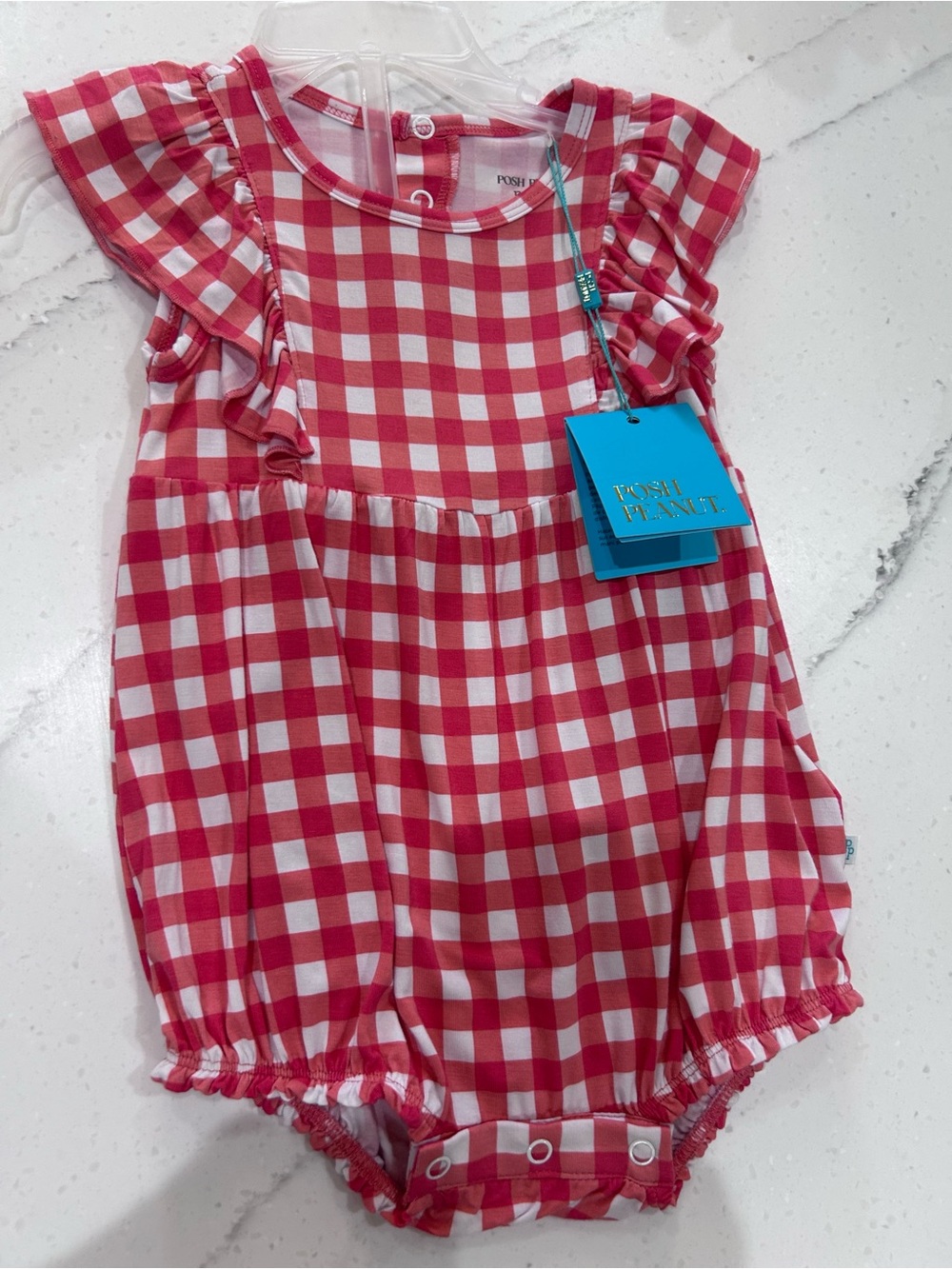 NWT “Posh Peanut” size 12-18 mo., Red & White Gingham Romper with Ruffle Sleeve